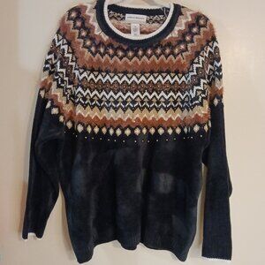 Alfred Dunner Fair Isle Sweater Top Women's 3X Black Brown Tan White Embellished